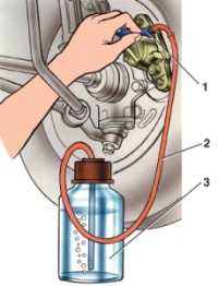 Удаление воздуха из гидропривода тормозов: 1 – штуцер для прокачки; 2 – шланг; 3 – сосуд с жидкостью